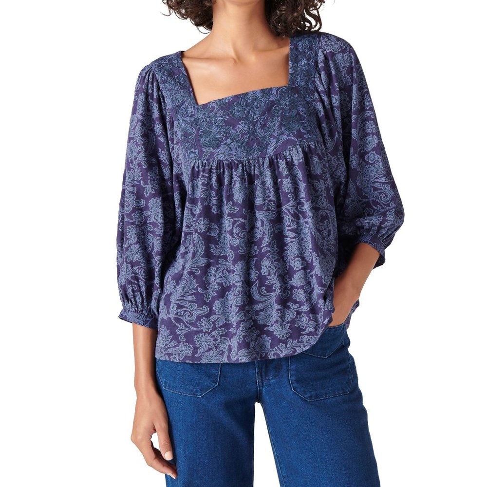 Lucky Brand Tonal Embroidered Square Neck Top - Navy Multi - Picture 1 of 7